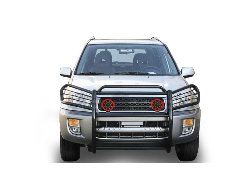 Image of Black Horse Grille brush Bumper Guard Modular Black Come With pair of 7.0 inchDia.LED Lights with Red Trim Rings Compatible with 2001-2005 Toyota RAV4-17TH26MA-PLR