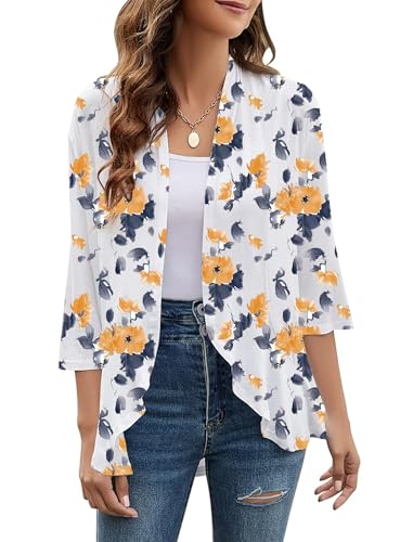 Image of Yekaty Women Cardigan 3 /4 Sleeves Open Front Lightweight Cardigan Draped Ruffles Knit Cardigan
