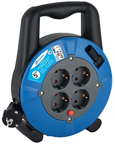 Electraline 49077 Cable Alargador con Enrollacables Domestico 5 M, 4 Tomas Schuko, Cable 5M H05VVF 3G1.5