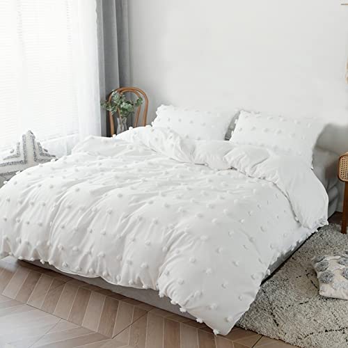 Lmonmoo White Tufted Dot Duvet Cover Queen Size,3 Pieces Boho Ultra Soft Jacquard Embroidery Shabby Chic Duvet Covers,Washed Microfiber Bedding Comforter Cover Set,All Season(Solid White, Queen) #TOP5