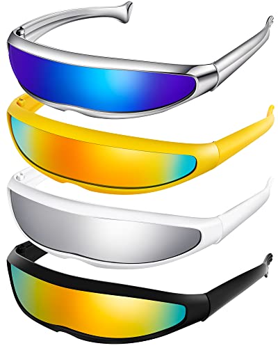 Frienda 4 Pairs Futuristic Narrow Sunglasses Robot Space Costume Color Lens(1 Yellow 2 Silver 1 Black Frame)
