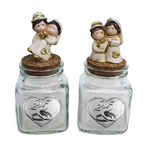 DLM34138 (kit 6 pezzi) Barattolo Quadrato in Vetro con Cuore Cuore Fedi 25 Anniversario Nozze d'Argento Venticinquesimo e Coppia Sposi Sposini Portaconfetti Segnaposto bomboniera