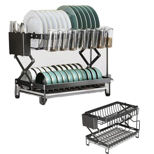Arcanine Dish Drying Rack with Drainboard, 2 Tier Dish Racks for Kitchen Counter, Expandable Dish Rack Drainer, Sink Dish Rack, Utensil Holder (Black) (RACK-305)