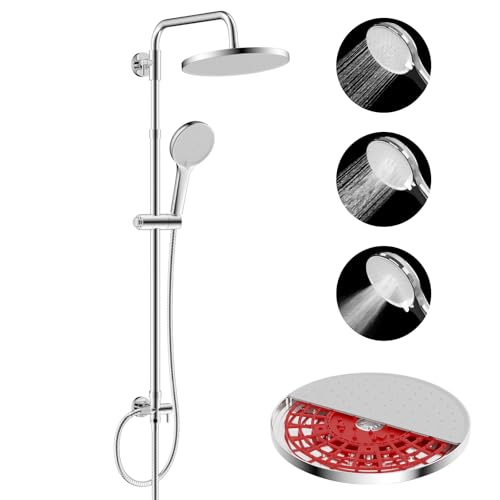 Hibbent Miscelatore per Doccia Auto-Pulente, Sistema di Rubinetto per Doccia Rotondo in Acciaio Inossidabile con Tubo, Soffione e Doccetta in ABS,Pannello Bianco