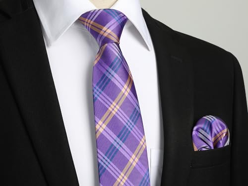 Image of HISDERN Mens Ties Plaid Tie and Pocket Square Set Classic Woven Formal Checkered Neckties & Handkerchief Wedding Party