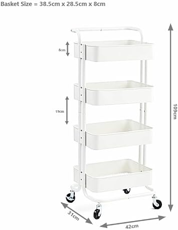 4-Tier White Metal Trolley on Wheels, Storage Trolley Cleaning Caddy | Kitchen Storage Utility Cart, Metal Shelves Unit - Storage Shelves for Makeup Storage, Cleaning Trolley Supplies, Toiletries