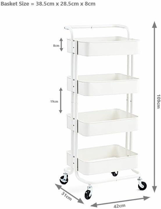 4-Tier White Metal Trolley on Wheels, Storage Trolley Cleaning Caddy | Kitchen Storage Utility Cart, Metal Shelves Unit - Storage Shelves for Makeup Storage, Cleaning Trolley Supplies, Toiletries