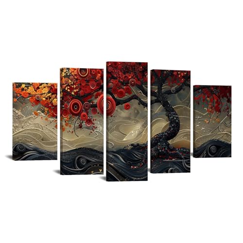 Tableau Peinture Sur Toile JOSUE Arbre de vie rouge abstrait de 100x200cm pour design d'exception