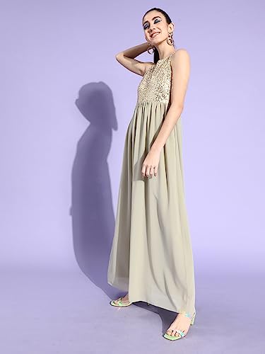 Image of Miss Chase Women's Dusty Green & Golden Solid Embellished Maxi Dress