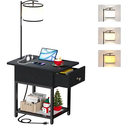 Image of runjuly Floor Lamp with Table, Side Table with LED Light and Charging Station, Narrow End Table with Lamp Attached, Nightstand with Storage Drawer for Living Room, Bedroom, Black