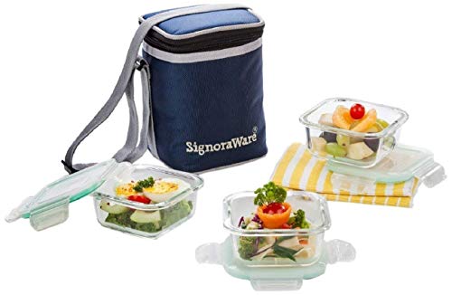 Signoraware Director Glass Lunch Box Set with Bag, 320ml/13cm, 3-Pieces, Transparent