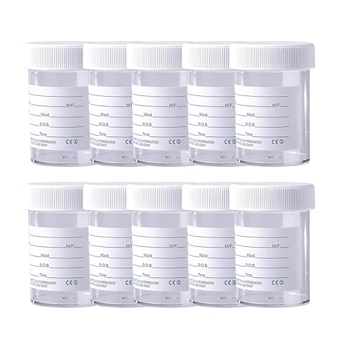 10 x Urine Sample Bottles Specimen Pot Graduated Container with Lid & Printed Label 60ml for Urine Medical Collection Suitable For NHS Spill Proof