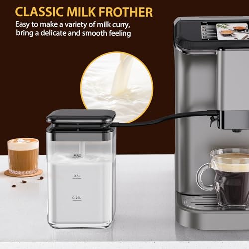 Image of Garvee Fully Automatic Espresso Machine with Built-In Grinder and Milk Frother, 4-Beverage Cappuccino and Latte Maker with Intuitive Touch Display, Gunmetal Finish