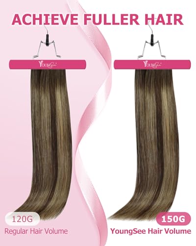 Image of YoungSee Balayage Clip in Human Hair Extensions 22 Inch Brown Clip-in Hair Extensions for Long Length, Dark Brown with Caramel Blonde Balayage Gentle Clip in Extension for Sensitive Scalp 22 Inch 120G