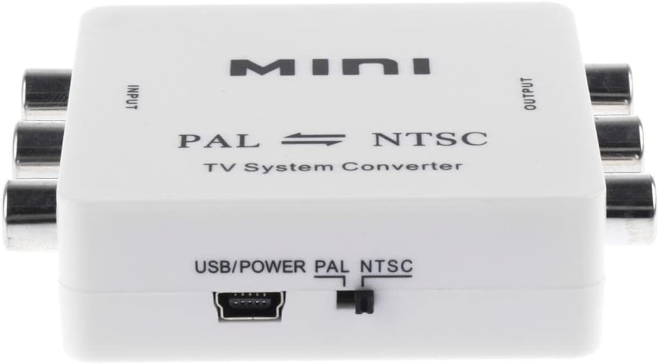 Front view of the Kesoto M-616 converter, highlighting the USB power port and the PAL/NTSC switch.