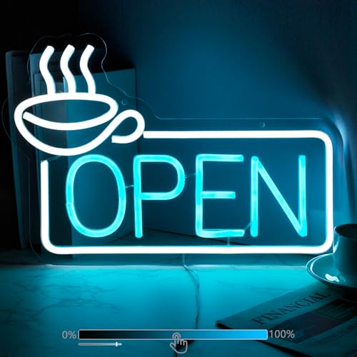 Moodlion Letrero de neón de café para decoración de pared, luces LED de sala de estudio, decoración abierta, letreros de neón estéticos para decoración de puertas, accesorios de sala de negocios,