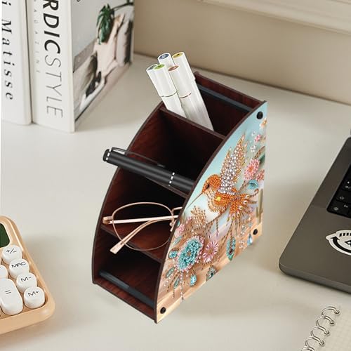 Image of Diamond Art Painting Multi-Grid Storage Box DIY Wooden Double Sided Drill Tabletop Organizer Diamond Painting Kit for Adults Office Home Ornament - Hummingbird & Floral