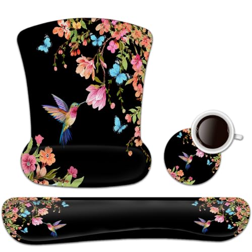 Ergonomic-Mouse-Pad-with-Gel-Wrist-Rest-Support-Gaming-Mouse-Pad-with-Cloth-Non-Slip-PU-Base-for-Computer-Home-Office-Memory-Foam-Keyboard-Wrist-Rest-Support-Hummingbird-Watercolor-Flower Ergonomic Mouse Pad with Gel Wrist Rest Support, Gaming Mouse Pad with Cloth, Non-Slip PU Base for Computer, Home, Office, Memory Foam Keyboard Wrist Rest Support, Hummingbird Watercolor Flower - Image 1