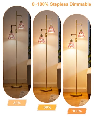 Image of 2-Light Modern Glass Floor Lamp, Gold Standing Tall Lamp with Deep Red Shell Glass Shade, Dimmable LED Floor Lamp with 5Lbs Heavy Base for Living Room Bedroom Home Decor, Bulb Included