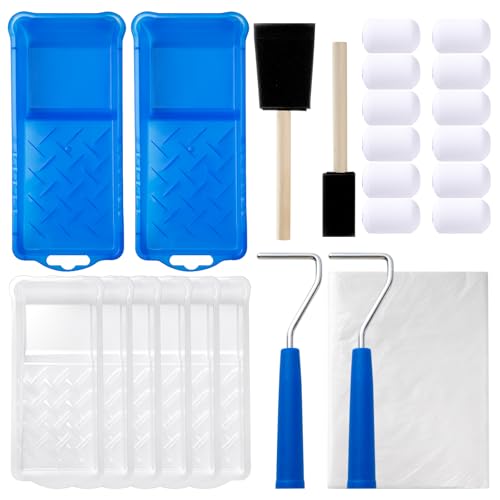 Mister Rui Paint Roller Kit, 25 Pack, 2 Inch Foam Paint Roller, Small Paint Rollers, Paint Roller Tray Liners, Sponge Brush with Plastic Sheeting, Mini Rollers for Painting Furniture