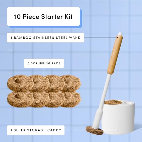 Image of TUSHY Toilet Brush 2.0 Set with Holder, 8 Coconut Husk Scrubbing Pads | Cleanser-Infused and Disposable, Planet Friendly Refills in Lemon and Tea Tree Scents