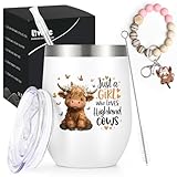 Livole Highland Cow Gifts for Women, Girls, Her, Christmas Presents for Girls, Daughter, Sister, Just A Girl Who Loves Highland Cows, Funny Keychain Bracelet, 12oz Wine Tumbler, 350ml Coffee Mug - Image 1
