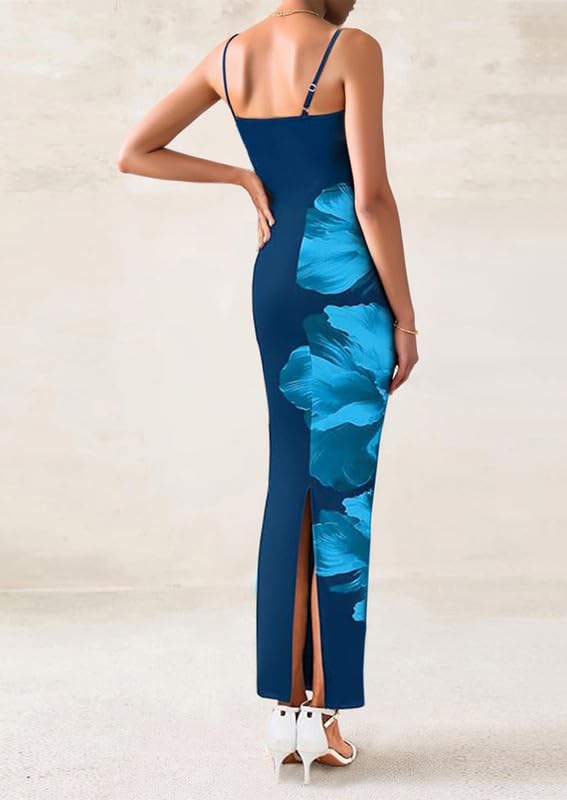 Robe Longue Femme Sexy sans Manches Imprimée Fleurs Robes Moulante Bretelles Spaghetti Col Carré Maxi Robe de Soiree d'Été Elégant Casual Bodycon Robes Dos Nu pour Cocktail Clubbing Fête