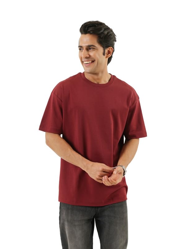 Image of SAADAA Men's Oversized Cotton T-Shirt | 210 GSM Heavyweight Fabric | Drop Shoulder | Dual Knit | Comfortable Casual Wear | Solid Colors
