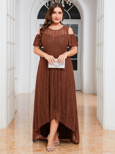 Image of ZOMVA Plus Size Sparkly Mesh Maxi Dress Cold Shoulder Ruffle Sleeve High Low A Line Dresses Wedding Guest Cocktail Party