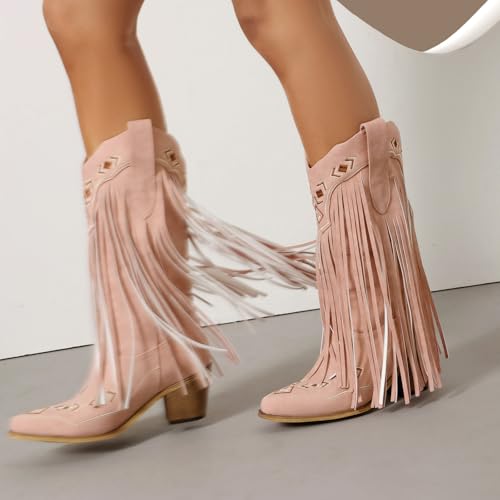 Image of Embroidered Fringe Cowboy Boots for Women, Pull On Mid Calf Chunky Block Heel Pointed Toe Western Cowgirl Boots Riding Country Boot Retro Boots