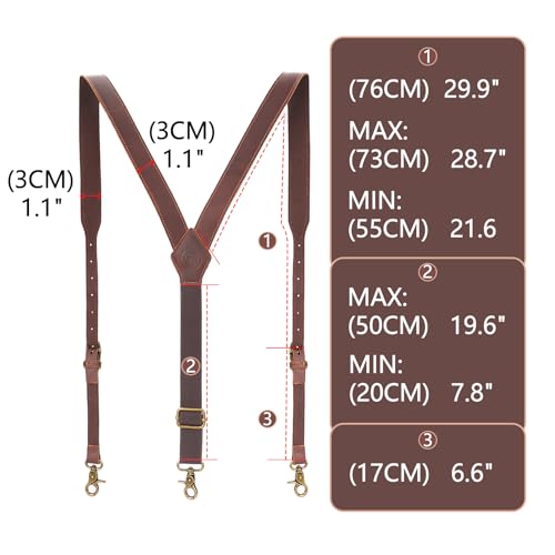 Tourbon Genuine Leather Suspenders for Men Heavy Duty Y Back Design Adjustable Straps with 3 Metal Snap Hooks, Brown