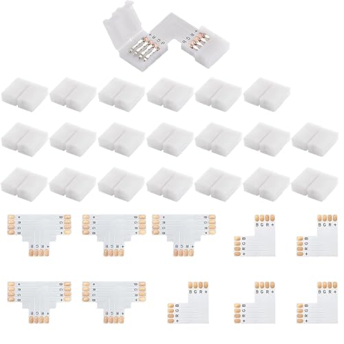 10 Pcs LED Strip Light Connectors 4-Pin with 20 Pcs Connector Clips, 10mm RGB LED Strip Connector Blocks, Solderless Gapless Adapter, 5 PCS T Shape + 5 PCS L Shape for SMD 5050 3528 RGB LED Strips