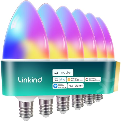 Image of Linkind Matter E12 Led Bulb, Candelabra Color Smart Light Bulbs, 6 Pack | Works with Alexa /Apple Home /Google Home, Chandelier Light Bulbs, Music Sync, 104 Preset Scenes, 2.4GHz WiFi B11 Bulb 500LM
