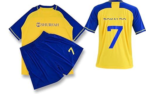 VEGAS FC - Camiseta de fútbol para niños, Unisex, Ropa Deportiva para niños, Camisetas y Pantalones Cortos de Entrenamiento (FR/ES, Letras, 8 años, Yellow & Blue)