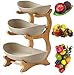 Honent Cestino per Frutta A 3 Livelli (Ripiano in bambù E Legno * 1, Ciotola in Ceramica * 3), Piano di Lavoro Creativo in Ceramica, Decorazione da Tavolo, per Frutta, Pane, Snack, Marrone