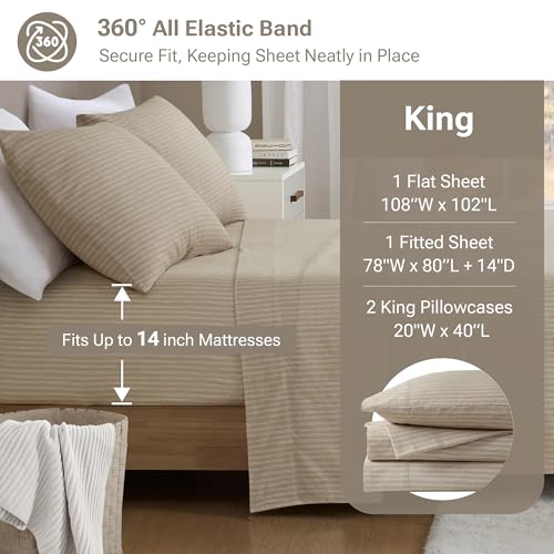 Image of Sleep Philosophy True North Flannel Sheets King, Cozy 100% Cotton Flannel Bed Sheets, Ultra Soft Cute Sheet Set, Novelty Print Themed Cold Weather Warm Bedding Set, Beige White Stripes, 4 Piece