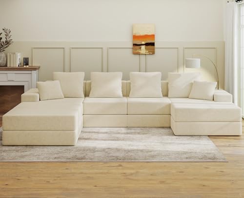 Living&Giving 128" U-Shaped Cloud Sectional Couch for Living Room, Cloud Boneless Couch-No Assembly with Reversible Chaise, Customizable 4-Seat Modular Sectional Sofa with 3 Ottoman, Beige