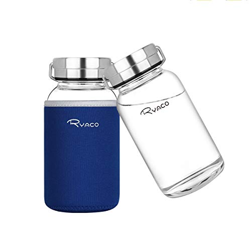 Ryaco Botella de Agua Cristal 800 ML  Boca Ancha de Reutilizable  Sin BPA Antideslizante