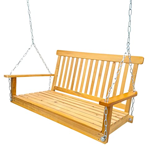 Wooden Front Patio Porch Swings, Reclined Backrest Porch Swing With Hanging Chains For Yard Patio Garden, Outdoor Bench Swing, 800 Lbs Capacity, Teak #TOP3