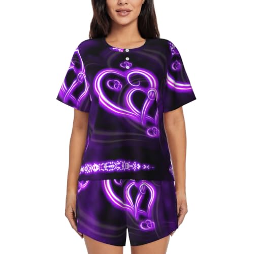 Pyjama 2 pièces femme Purple Love avec t-shirt manches courtes et pantalon fluide imprimé