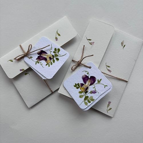 Image of PetalsByShweta, Pack of 6, A5 size pressed flower & watercolor painted letter writing papers & Envelopes with tags . White Kraft Paper Envelopes | Envelopes for cards | Pressed Flower Design | invitation writing paper | Thank you notes writing (Mogra white) (Mogra white)