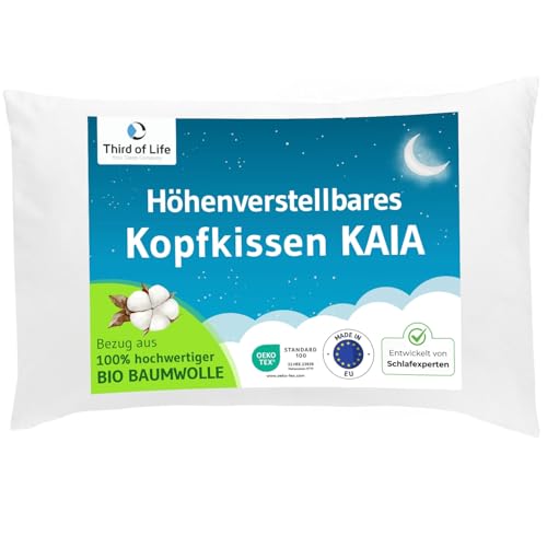 Höhenverstellbares Kissen 40x60, Bezug aus Bio-Baumwolle - made in EU, Ergonomisches Kopfkissen 40 x 60 cm, Polster für Seitenschläfer,...
