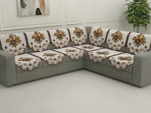 Image of Fab Nation Sofa Cover L Shape 5 Seater with Corner L Type Fully Covered Sofa Set for Living Room | Cotton Sofa Slipcovers for 3 + 2 Seaters Cover Set | Brown