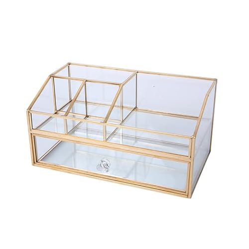 卓上メイクボックス 化粧品 コスメ 収納ボックス 透明 ケース ガラス 収納ラック 引き出し (ゴールデン)