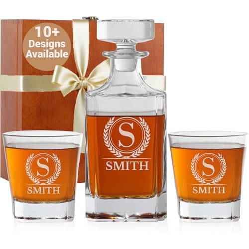 Personalized Whiskey Decanter, Custom Liquor Decanter 25oz, Engraved Whiskey Glass Set With Wood Gift Box Options, Whiskey Gifts for Men, Dad, Birthday, Retirement, Wedding (Square Decanter)