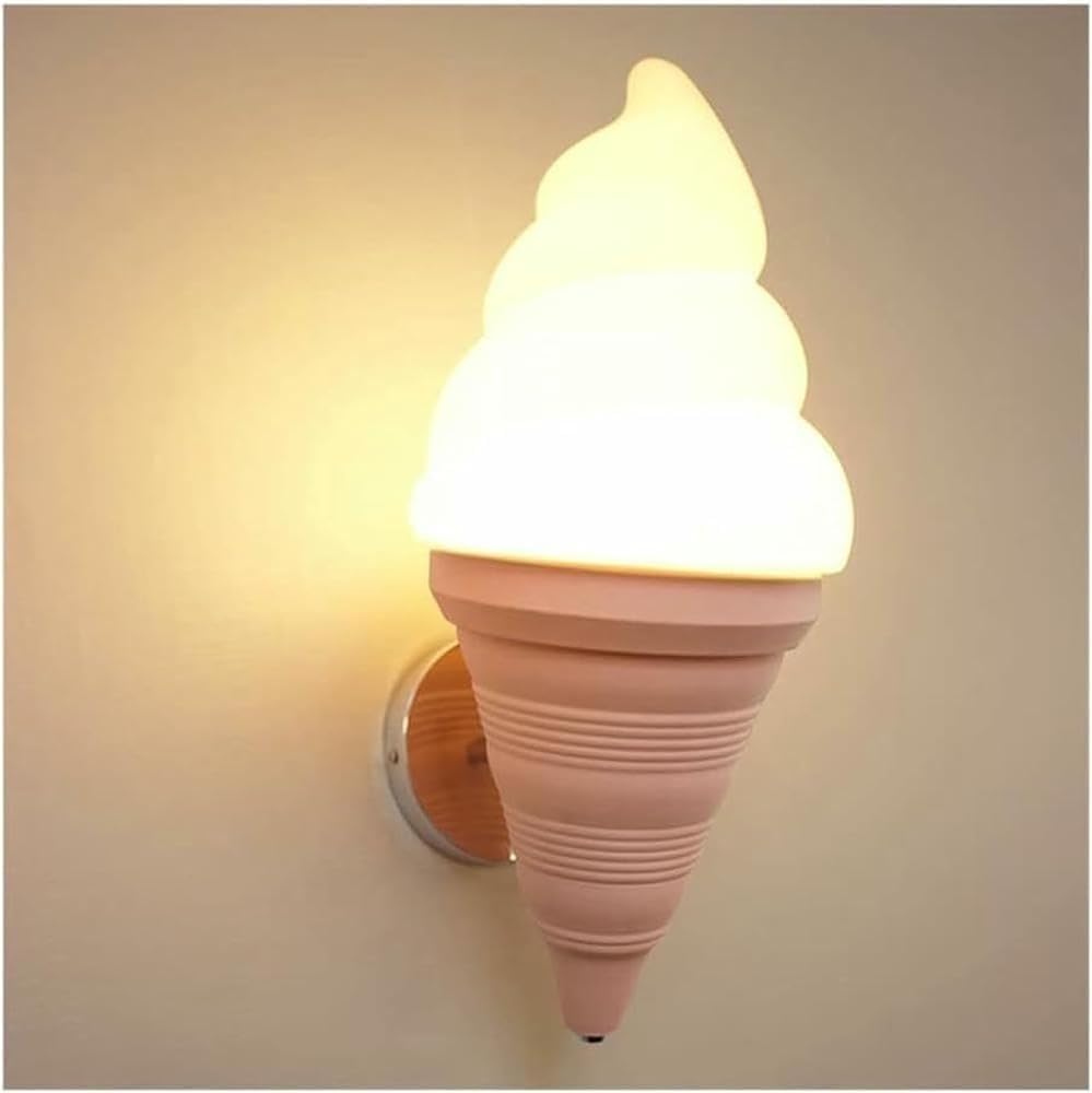WJJHERRH Cartoon Creative Ice Cream Cone Wall Indoor Decor Bedroom Nursery Living Kids Room Playroom Warm Light Mounted Lamp with/Base(Pink)