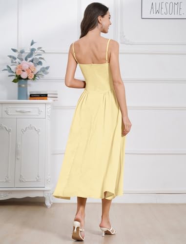 Image of ABEHIK Casual Dresses for Women Boho Spaghetti Strap Corset Midi Dress with Pockets Low Cut Flowy Pleated Bustier Sundress