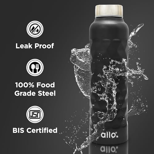Image of Allo Stainless Steel Water Bottle For Adults, Kids 1 Litre Water Bottles For School, Office, Sports, Gym 1L Water Bottle For Men And Women, Pack Of 2 | Leak Proof & Bpa Free, Black Diamond Steel Cap