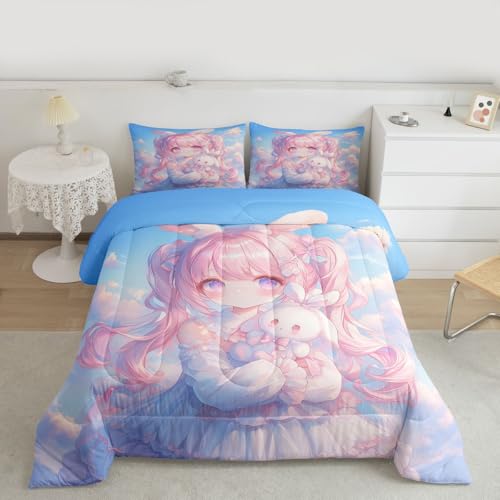 Image of Erosebridal Kawaii Girl Bedding King,3D Anime Gifts Comforter Set Japanese Girl with Curly Hair Bed Sets Romance Style Duvet Insert 3 Pieces