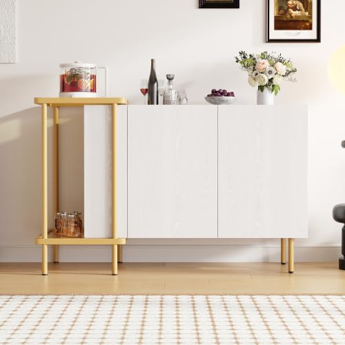 vutizal Buffet de salon, blanc, 120 x 40 x 78 cm, avec pieds en verre et métal, commode moderne avec portes et compartiments ouverts pour espace de rangement